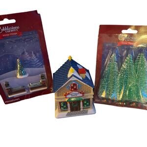 NIB Christmas village miniatures & peppermint ￼bottlebrush trees